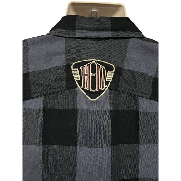 Harley Davidson Mechanic Garage Plaid Gray Black Button Up Shirt Large Pockets - Picture 6 of 8